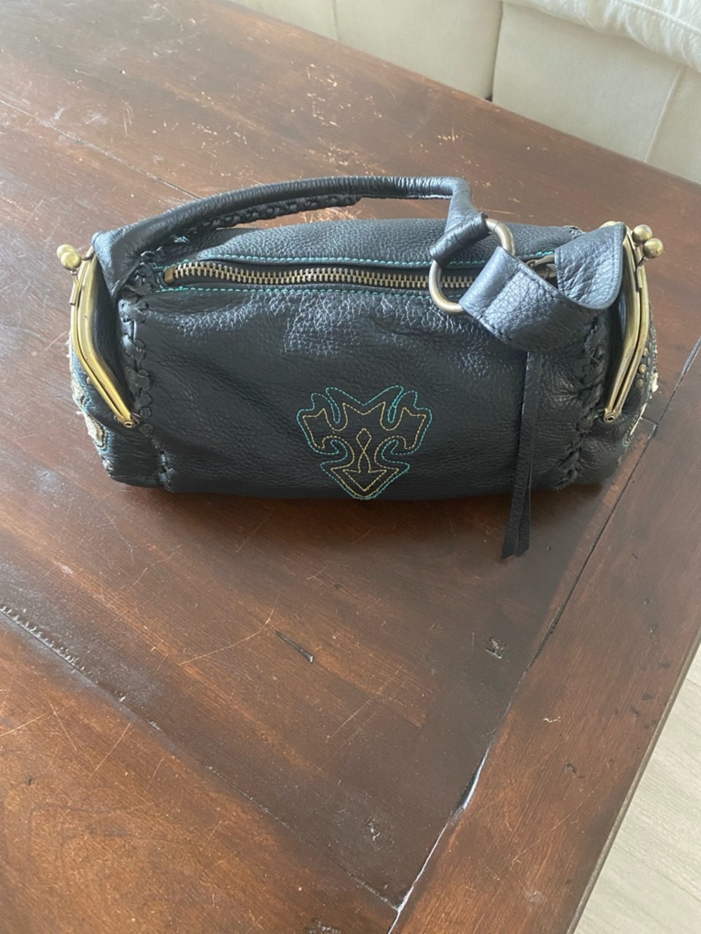 III Parcel Black Leather Embroidered Top-Handle Women's Bag